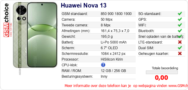 Huawei Nova 13 Technische gegevens 