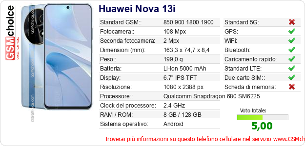 Huawei Nova 13i Dati tecnici di telefono cellulare Huawei Nova 13i Dati tecnici di telefono cellulare