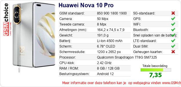 Huawei Nova 10 Pro Technische gegevens Huawei Nova 10 Pro Technische gegevens