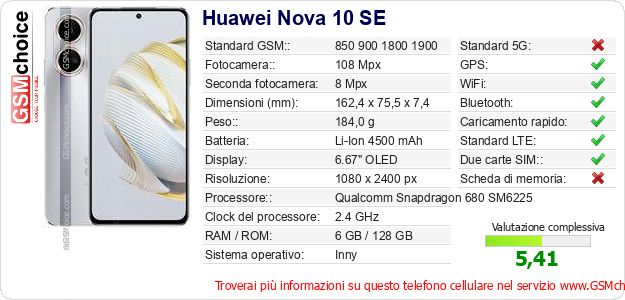 Huawei Nova 10 SE Dati tecnici di telefono cellulare 
