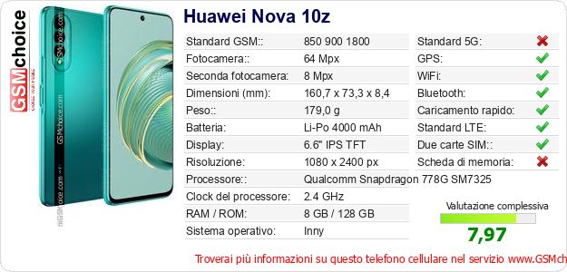 Huawei Nova 10z Dati tecnici di telefono cellulare Huawei Nova 10z Dati tecnici di telefono cellulare