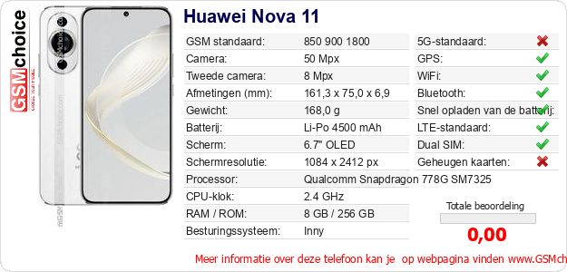 Huawei Nova 11 Technische gegevens Huawei Nova 11 Technische gegevens