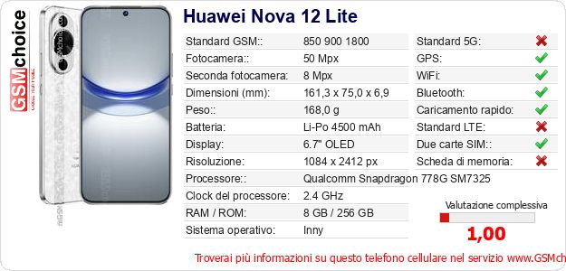 Huawei Nova 12 Lite Dati tecnici di telefono cellulare Huawei Nova 12 Lite Dati tecnici di telefono cellulare