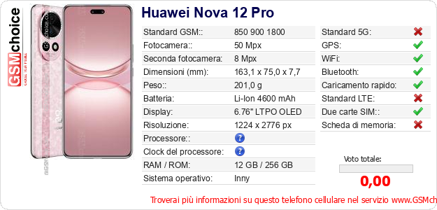 Huawei Nova 12 Pro Dati tecnici di telefono cellulare Huawei Nova 12 Pro Dati tecnici di telefono cellulare