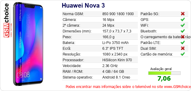 Huawei Nova 3 Especificações técnicas do telemóvel Huawei Nova 3 Especificações técnicas do telemóvel