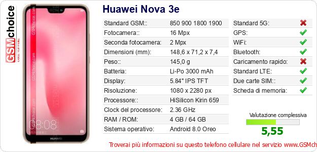 Huawei Nova 3e Dati tecnici di telefono cellulare 