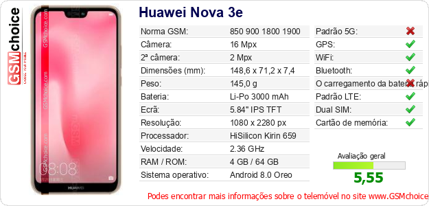 Huawei Nova 3e Especificações técnicas do telemóvel Huawei Nova 3e Especificações técnicas do telemóvel