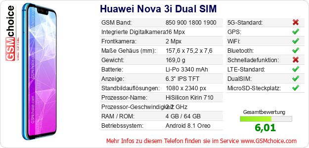 Huawei Nova 3i Dual SIM technische Daten Huawei Nova 3i Dual SIM technische Daten