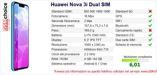 Huawei Nova 3i Dual SIM Dati tecnici di telefono cellulare Huawei Nova 3i Dual SIM Dati tecnici di telefono cellulare