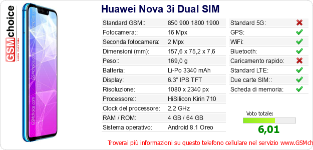Huawei Nova 3i Dual SIM Dati tecnici di telefono cellulare 
