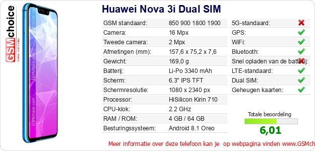 Huawei Nova 3i Dual SIM Technische gegevens Huawei Nova 3i Dual SIM Technische gegevens