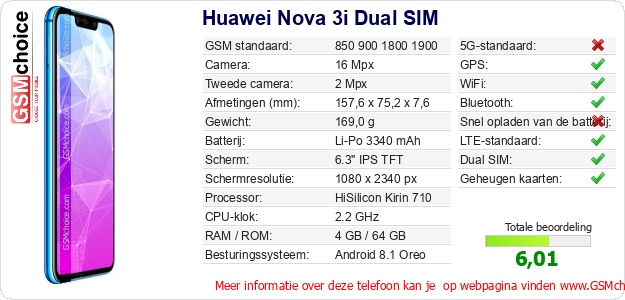 Huawei Nova 3i Dual SIM Technische gegevens Huawei Nova 3i Dual SIM Technische gegevens