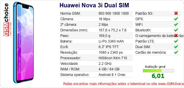 Huawei Nova 3i Dual SIM Especificações técnicas do telemóvel Huawei Nova 3i Dual SIM Especificações técnicas do telemóvel
