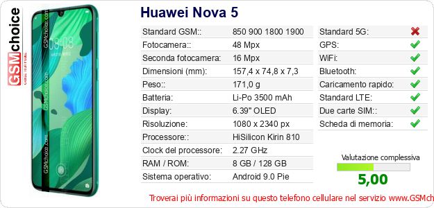 Huawei Nova 5 Dati tecnici di telefono cellulare Huawei Nova 5 Dati tecnici di telefono cellulare
