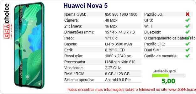 Huawei Nova 5 Especificações técnicas do telemóvel 