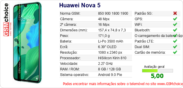 Huawei Nova 5 Especificações técnicas do telemóvel 