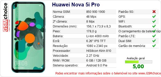 Huawei Nova 5i Pro Especificações técnicas do telemóvel Huawei Nova 5i Pro Especificações técnicas do telemóvel
