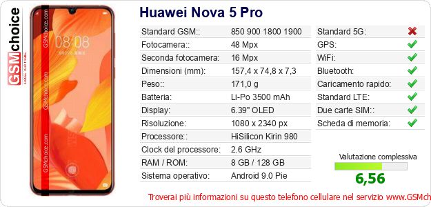 Huawei Nova 5 Pro Dati tecnici di telefono cellulare Huawei Nova 5 Pro Dati tecnici di telefono cellulare