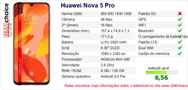 Huawei Nova 5 Pro Especificações técnicas do telemóvel Huawei Nova 5 Pro Especificações técnicas do telemóvel