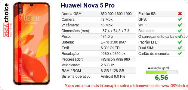 Huawei Nova 5 Pro Especificações técnicas do telemóvel 