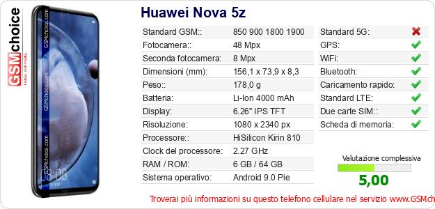 Huawei Nova 5z Dati tecnici di telefono cellulare Huawei Nova 5z Dati tecnici di telefono cellulare