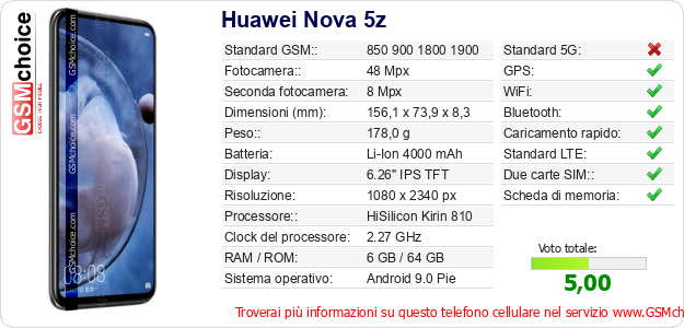 Huawei Nova 5z Dati tecnici di telefono cellulare Huawei Nova 5z Dati tecnici di telefono cellulare
