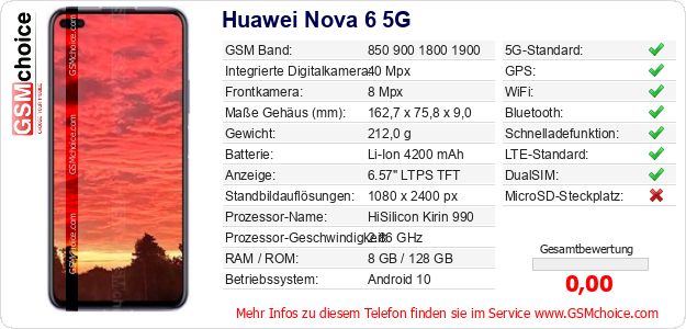 Huawei Nova 6 5G technische Daten Huawei Nova 6 5G technische Daten