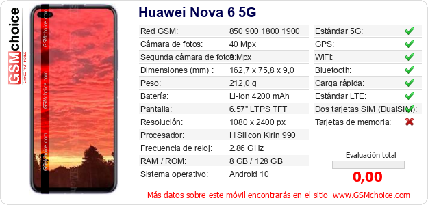 Huawei Nova 6 5G Datos técnicos del móvil 