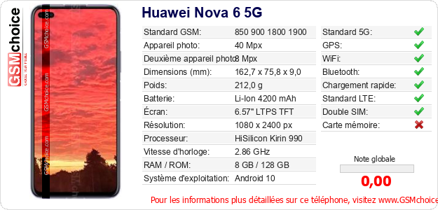 Huawei Nova 6 5G Fiche technique Huawei Nova 6 5G Fiche technique