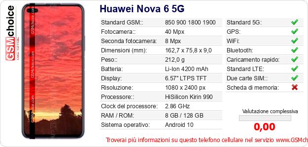 Huawei Nova 6 5G Dati tecnici di telefono cellulare Huawei Nova 6 5G Dati tecnici di telefono cellulare
