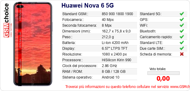 Huawei Nova 6 5G Dati tecnici di telefono cellulare Huawei Nova 6 5G Dati tecnici di telefono cellulare