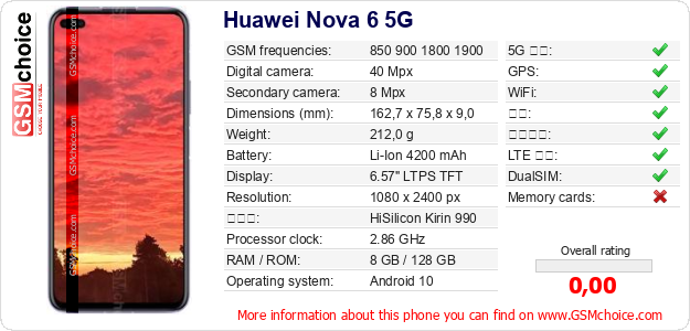 Huawei Nova 6 5G 手机技术数据