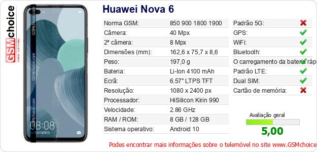 Huawei Nova 6 Especificações técnicas do telemóvel Huawei Nova 6 Especificações técnicas do telemóvel