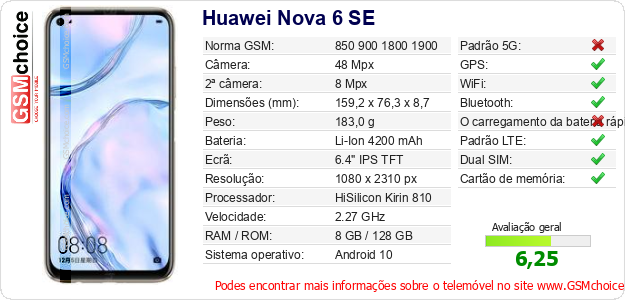Huawei Nova 6 SE Especificações técnicas do telemóvel Huawei Nova 6 SE Especificações técnicas do telemóvel