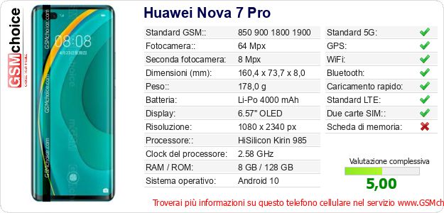 Huawei Nova 7 Pro Dati tecnici di telefono cellulare 