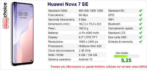 Huawei Nova 7 SE Dati tecnici di telefono cellulare 