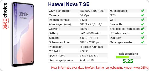 Huawei Nova 7 SE Technische gegevens Huawei Nova 7 SE Technische gegevens
