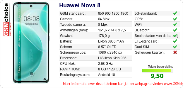 Huawei Nova 8 Technische gegevens Huawei Nova 8 Technische gegevens