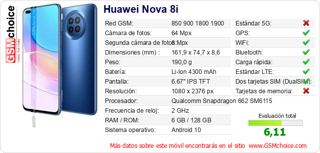 Huawei Nova 8i Datos técnicos del móvil Huawei Nova 8i Datos técnicos del móvil