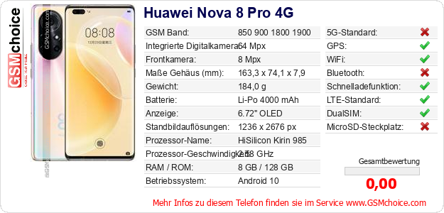 Huawei Nova 8 Pro 4G technische Daten Huawei Nova 8 Pro 4G technische Daten