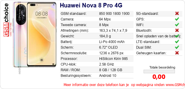 Huawei Nova 8 Pro 4G Technische gegevens 