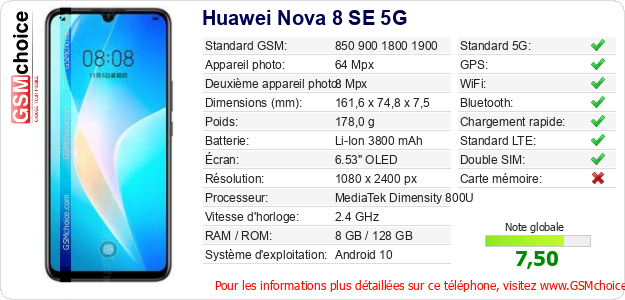 Huawei Nova 8 SE 5G Fiche technique Huawei Nova 8 SE 5G Fiche technique