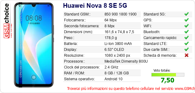 Huawei Nova 8 SE 5G Dati tecnici di telefono cellulare 