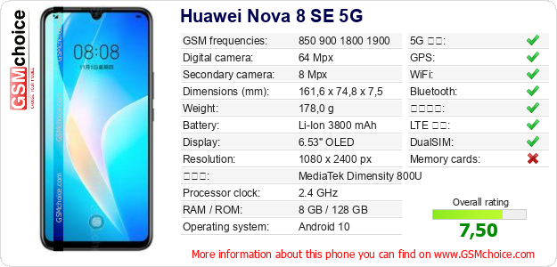 Huawei Nova 8 SE 5G 手機技術數據