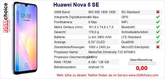 Huawei Nova 8 SE technische Daten Huawei Nova 8 SE technische Daten
