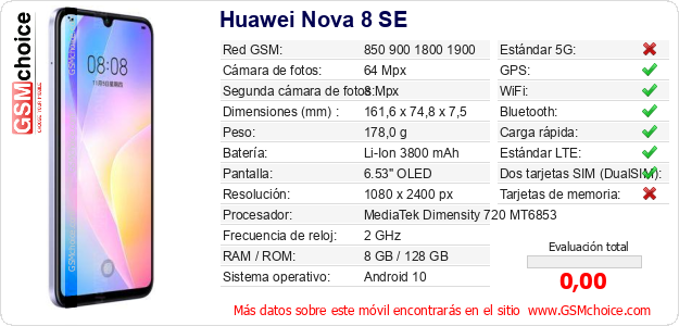Huawei Nova 8 SE Datos técnicos del móvil Huawei Nova 8 SE Datos técnicos del móvil