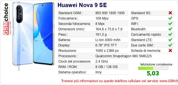 Huawei Nova 9 SE Dati tecnici di telefono cellulare 