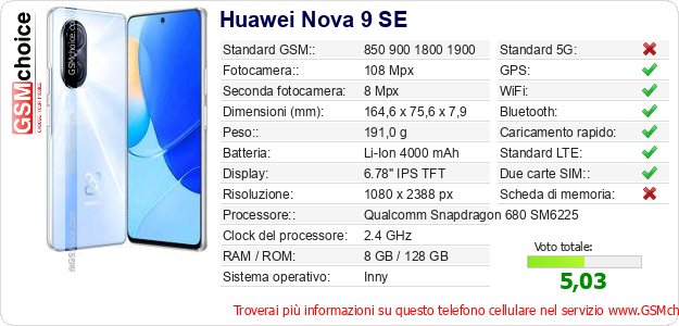 Huawei Nova 9 SE Dati tecnici di telefono cellulare Huawei Nova 9 SE Dati tecnici di telefono cellulare