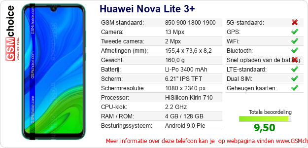 Huawei Nova Lite 3+ Technische gegevens Huawei Nova Lite 3+ Technische gegevens