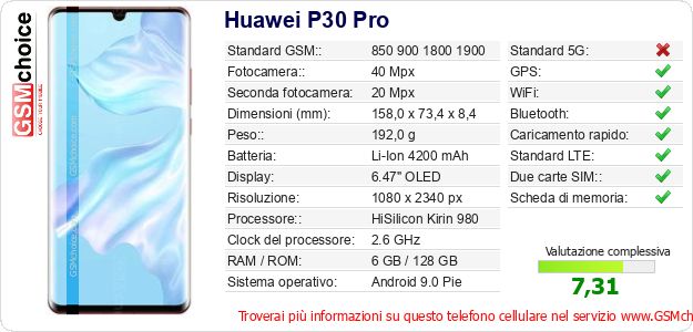 Huawei P30 Pro Dati tecnici di telefono cellulare 